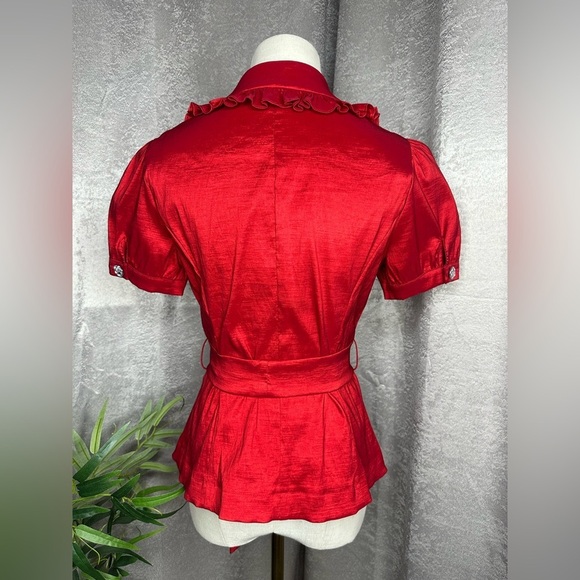 Cachet Women’s Vintage Rhinestone Button Belted Blouse Red Sz 6 Petite - Picture 6 of 9